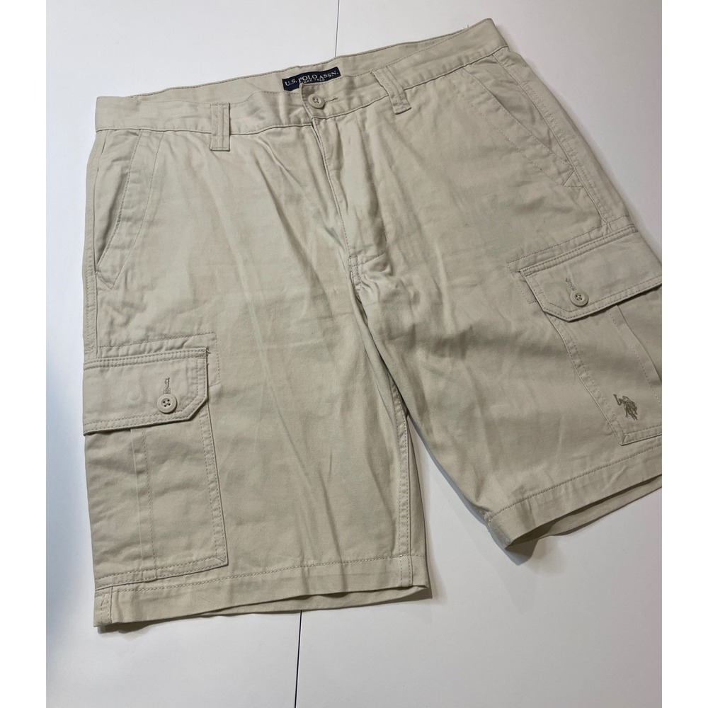 US Polo Assn Mens Khaki Cargo Shorts Size 36 Tan Cotton Twill Utility Casual